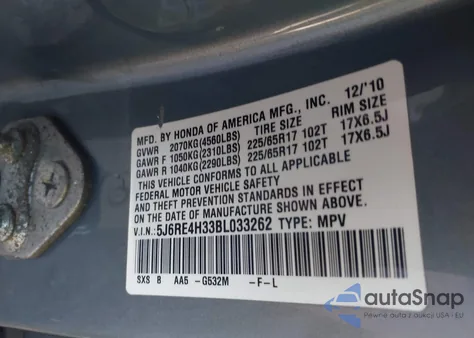 2011 Honda Cr-V Lx from USA, damaged, VIN 5J6RE4H33BL033262